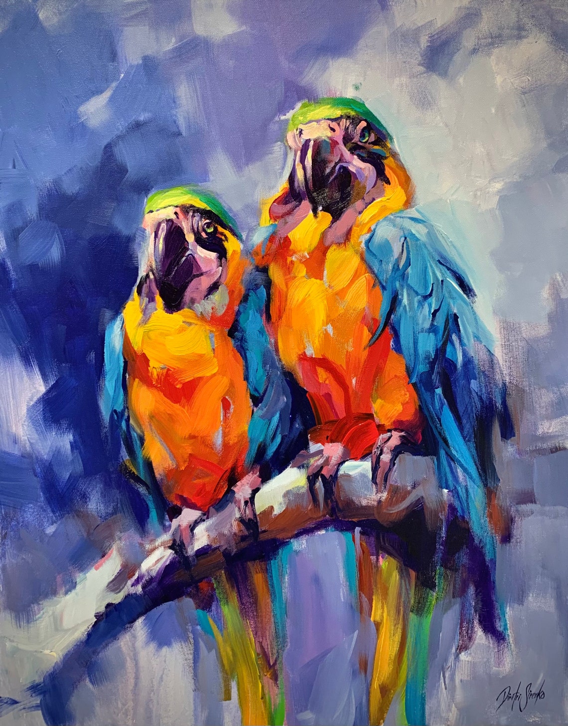Pair Of Colorful Macaws Vibrant Bird Oil Painting Nature Poster