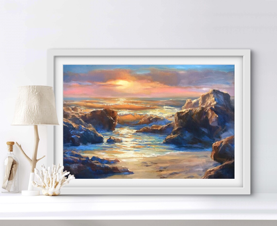 Sunset Over Rocky Coastline Golden Ocean Seascape Painting Art Poster