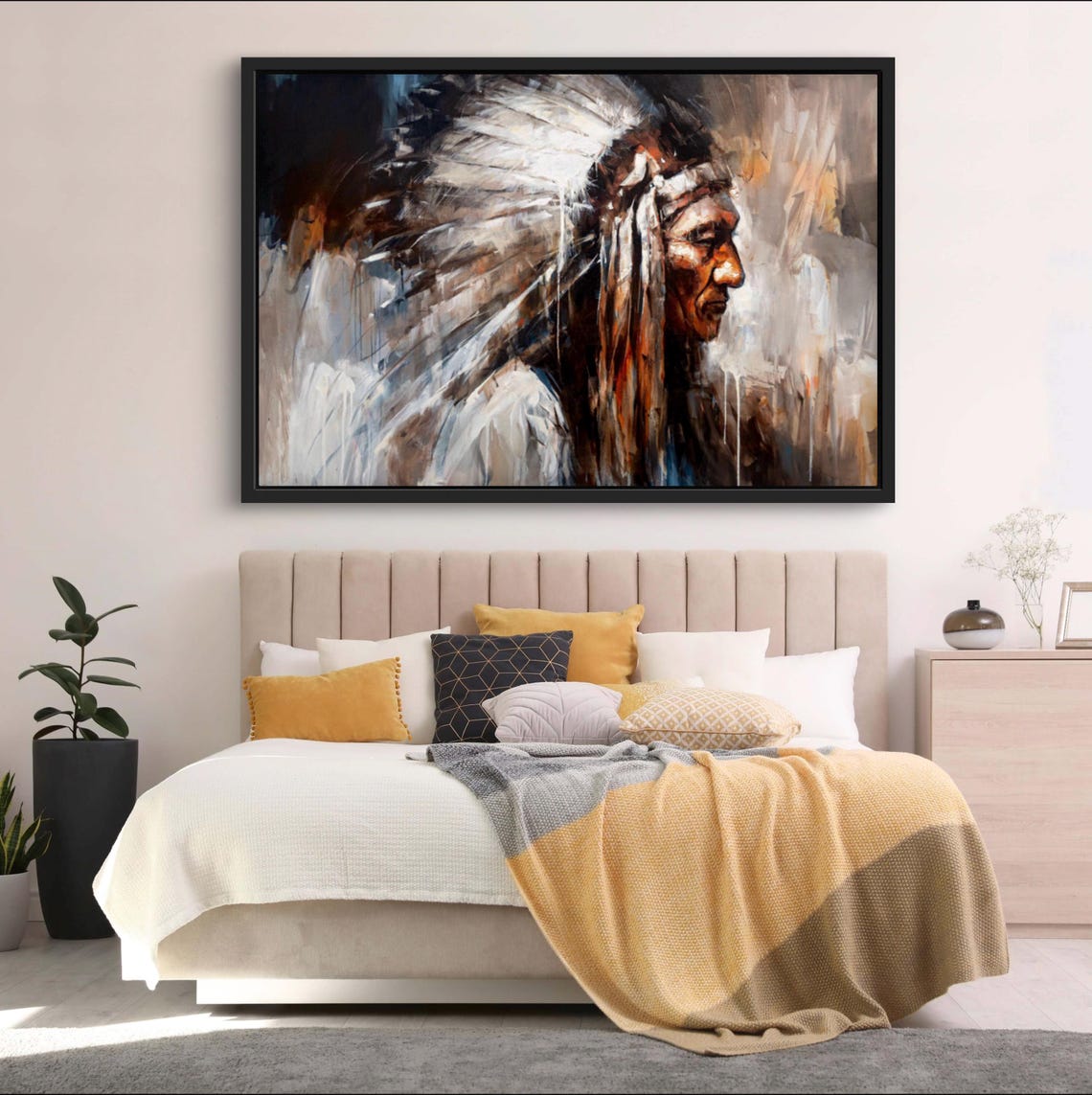 Native American Chief Feathered Headdress Oil Portrait Poster - Image 2