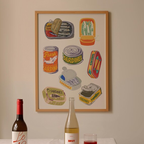 Tinned Fish Print Sardines Art Print Retro Food Art Retro Fish Illustration Restaurant Art Print Funky Kitchen Decor Sardine Poster