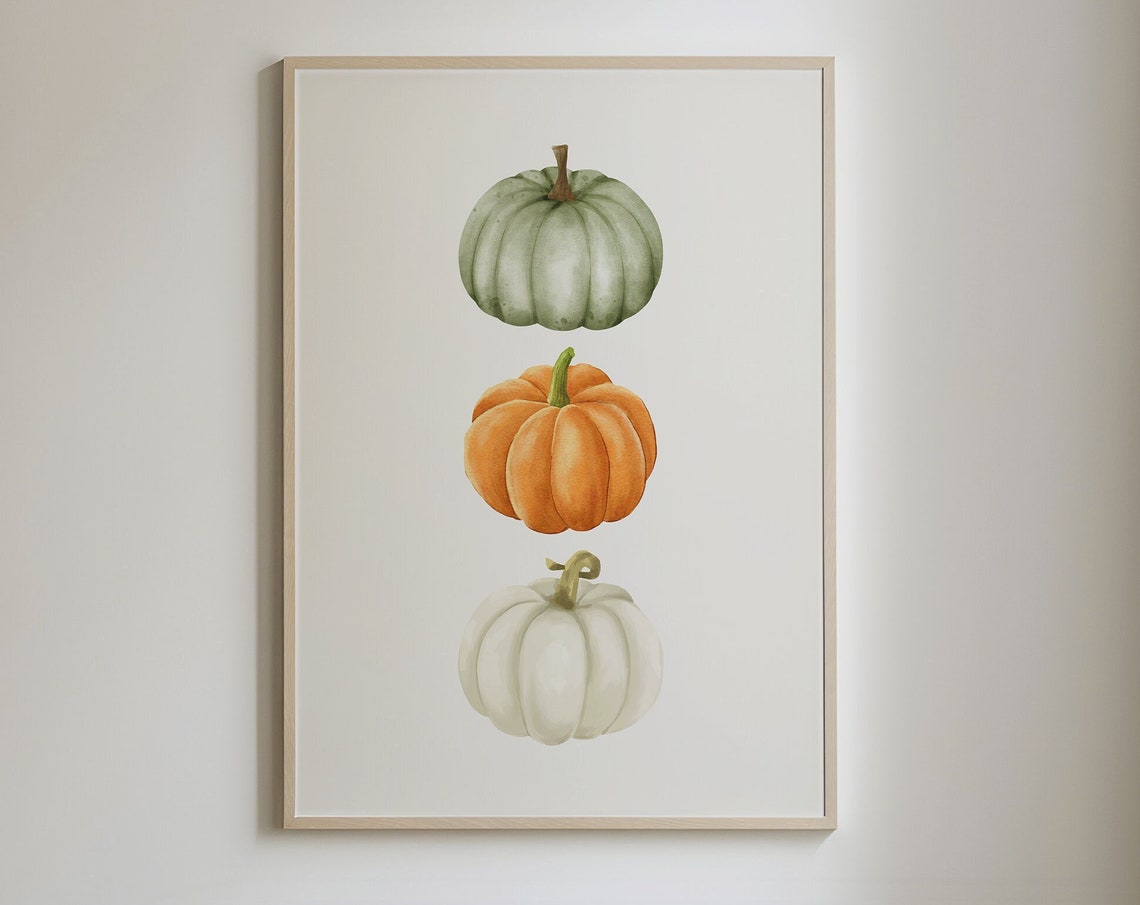 Stacked Watercolor Pumpkins Green Orange White Fall Harvest Poster