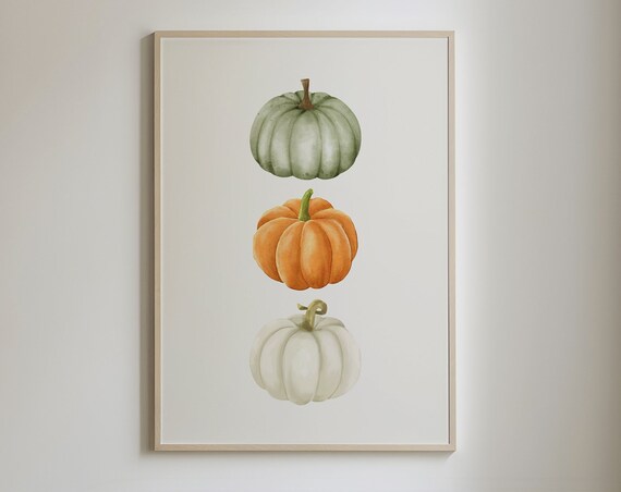 Stacked Watercolor Pumpkins Green Orange White Fall Harvest Poster