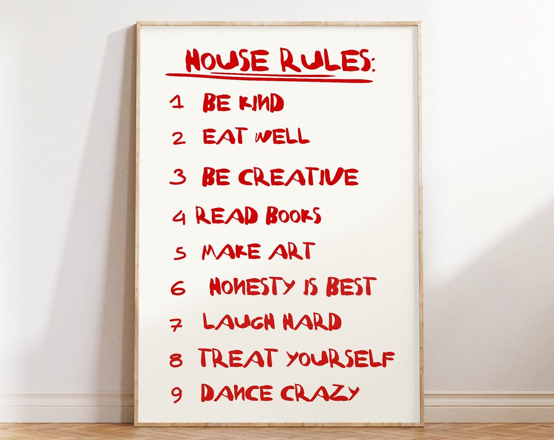 House Rules Be Kind Be Creative Nine Rules Red Typography Poster