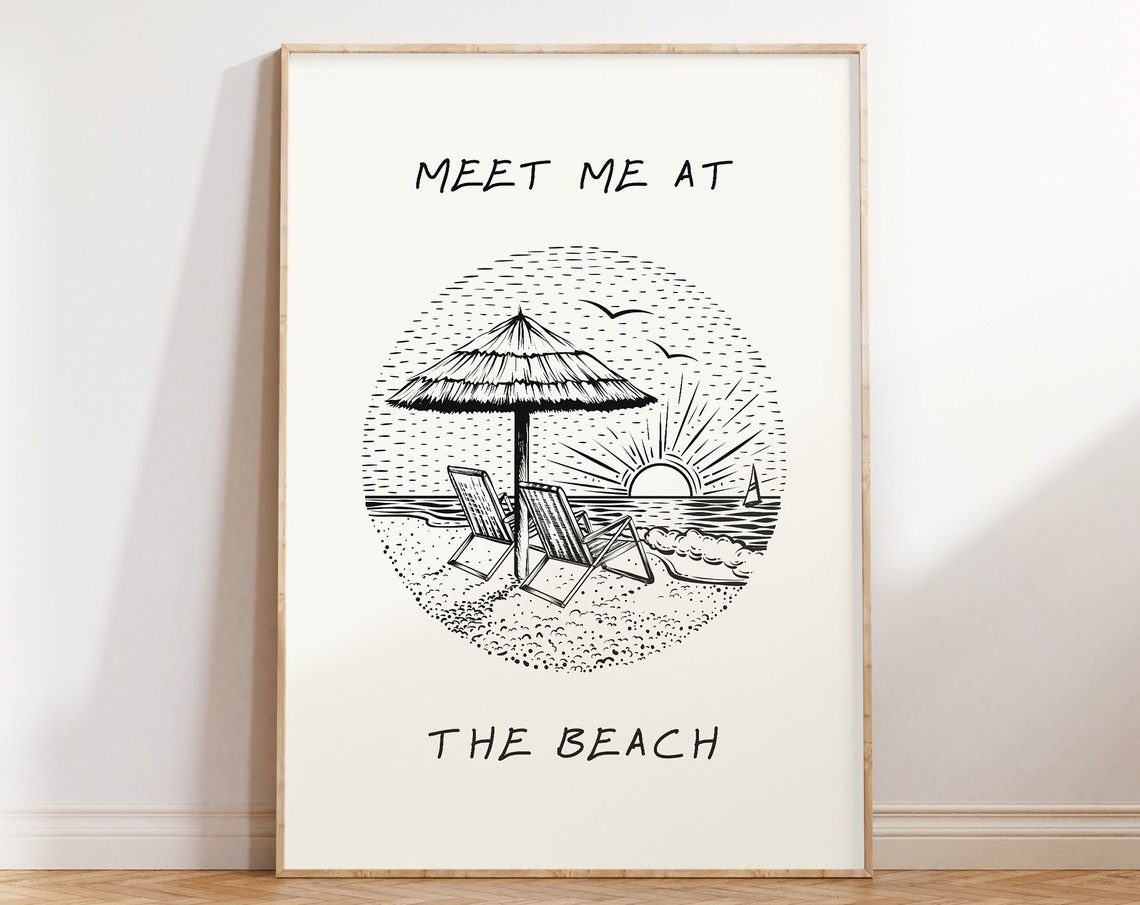Meet Me At The Beach Vintage Line Art Beach Scene Quote Poster