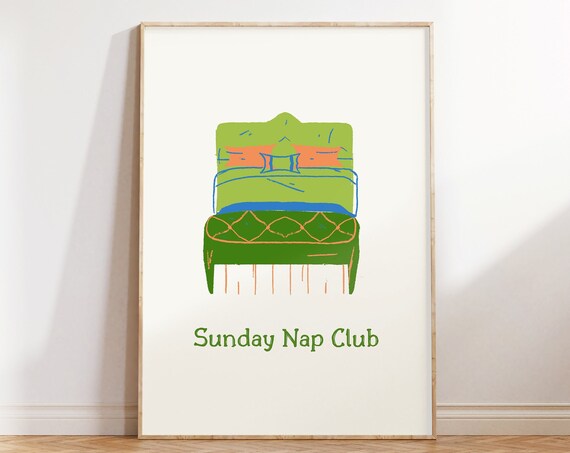 Sunday Nap Club Print Trendy Bedroom Wall Decor Cute Quote Art Colorful Aesthetic Apartment Wall Art Funny Bed Poster