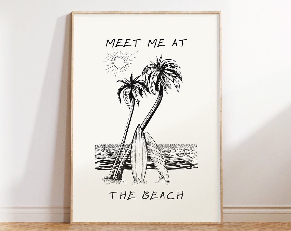 Meet Me at the Beach Palm Trees Surfboard Coastal Art Poster