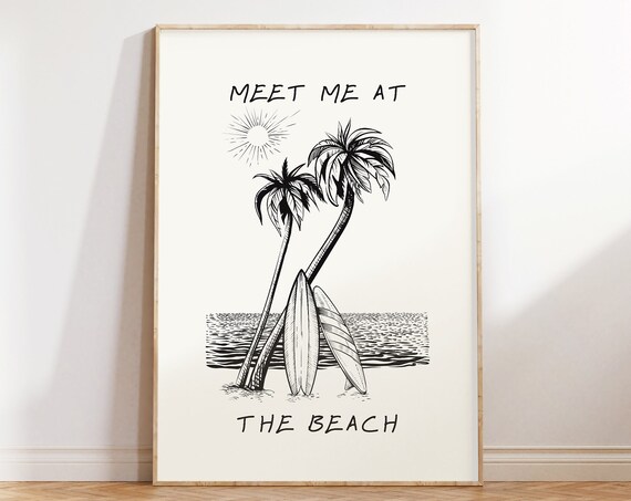 Meet Me at the Beach Palm Trees Surfboard Coastal Art Poster