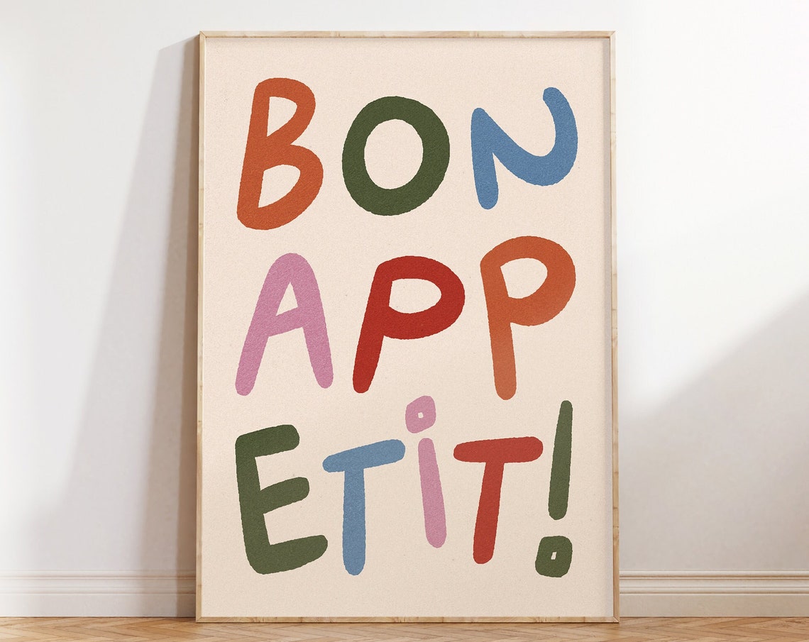 Bon Appetit Colorful Hand Lettered French Kitchen Dining Room Poster