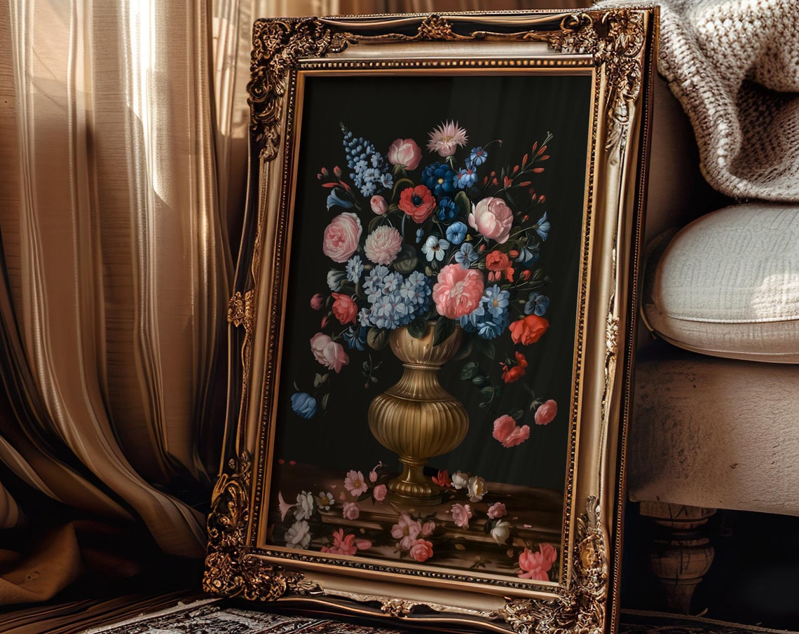 Moody Flowers Painting Vase Of Flowers Print Pink Blue Floral Decor Gothic Wall Art Dark Academia Print Antique Painting Dark Flower Prints - Image 3