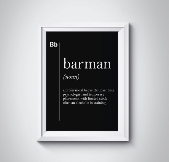 Barman Definition Print Gift For Barman Bar Owner Bar Decor Coworker Gift Pub Poster Sign Girl Barman Black White Poster Minimalism Art