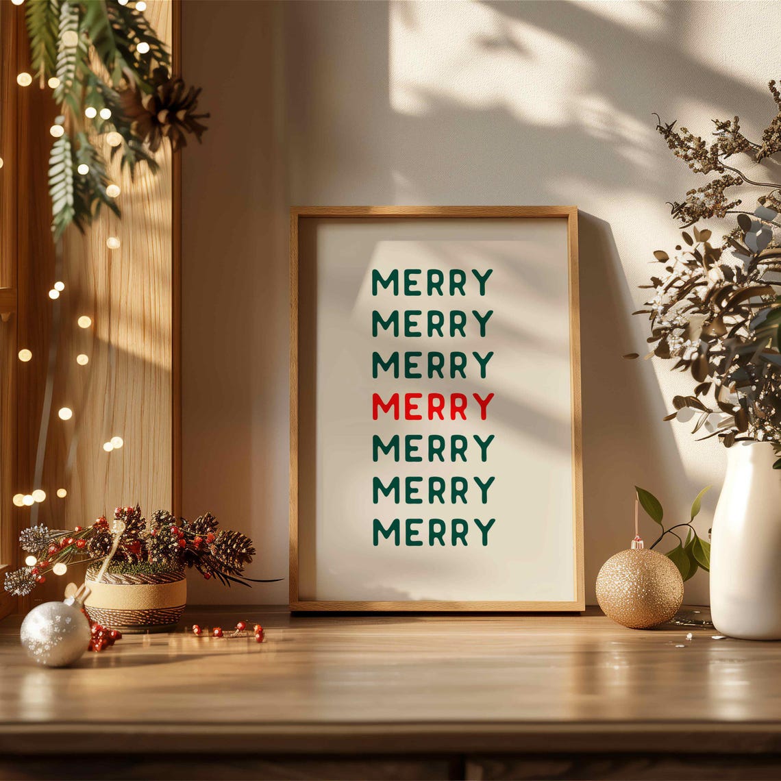 Bold Merry Merry Merry Stacked Retro Christmas Typography Poster - Image 4