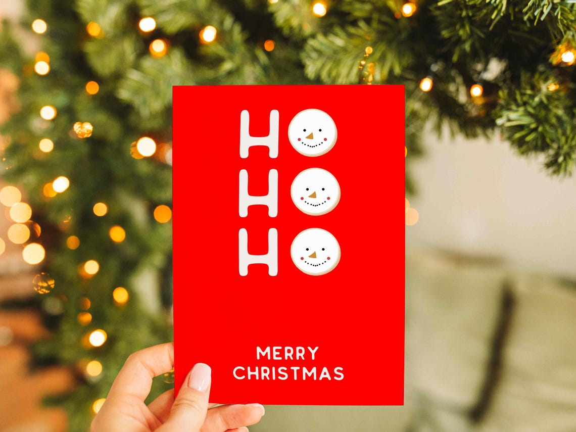 Jolly Cute White Ho Ho Ho Snowman Faces Bold Red Christmas Poster - Image 3