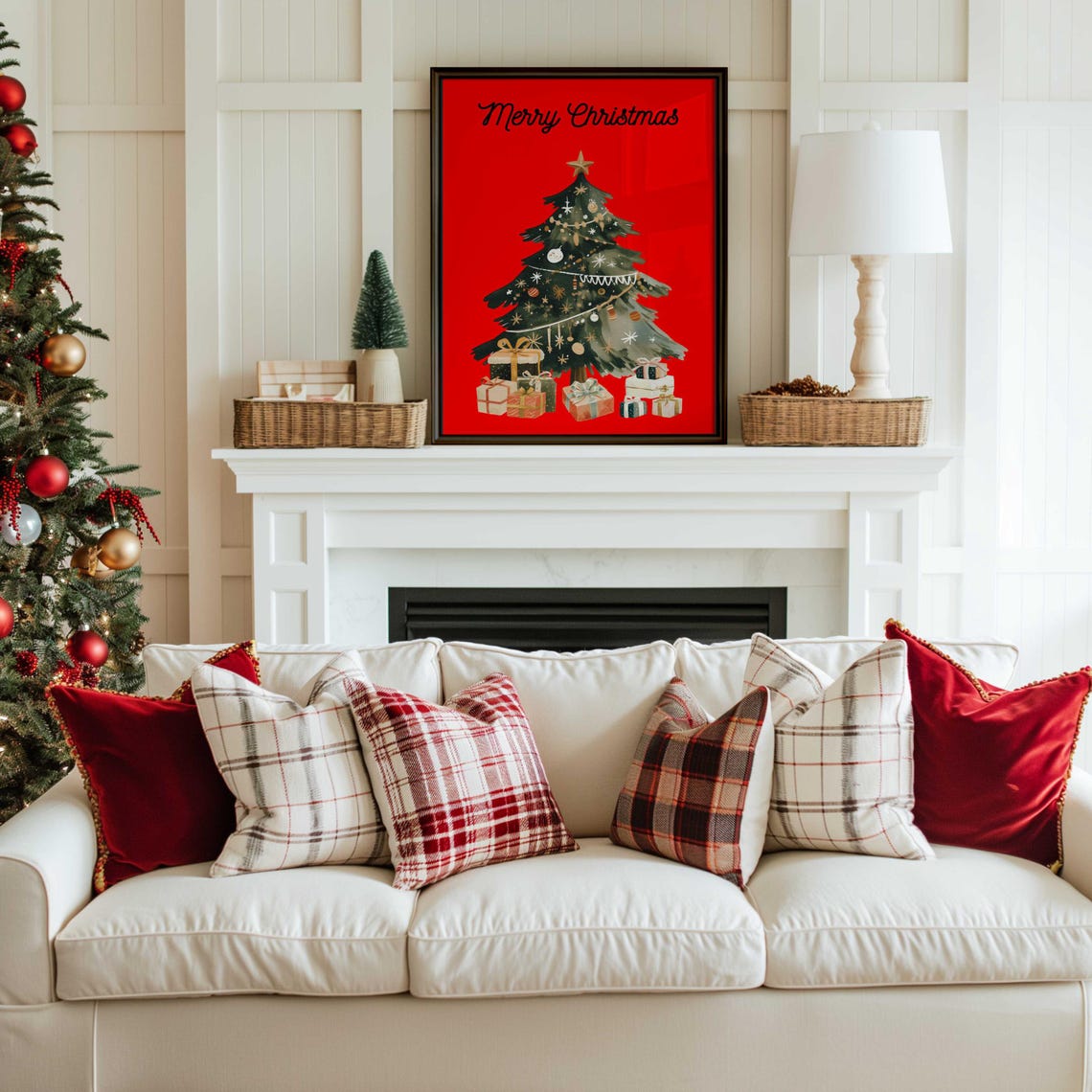 Black Merry Christmas Script Red Watercolor Tree Gifts Holiday Poster - Image 4