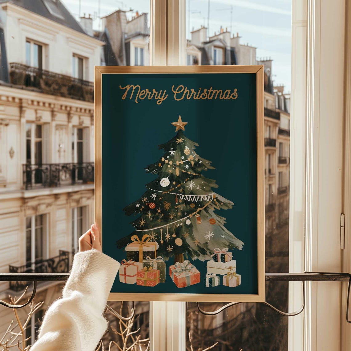 Festive Gold Merry Christmas Script Teal Tree Gifts Holiday Poster - Image 4