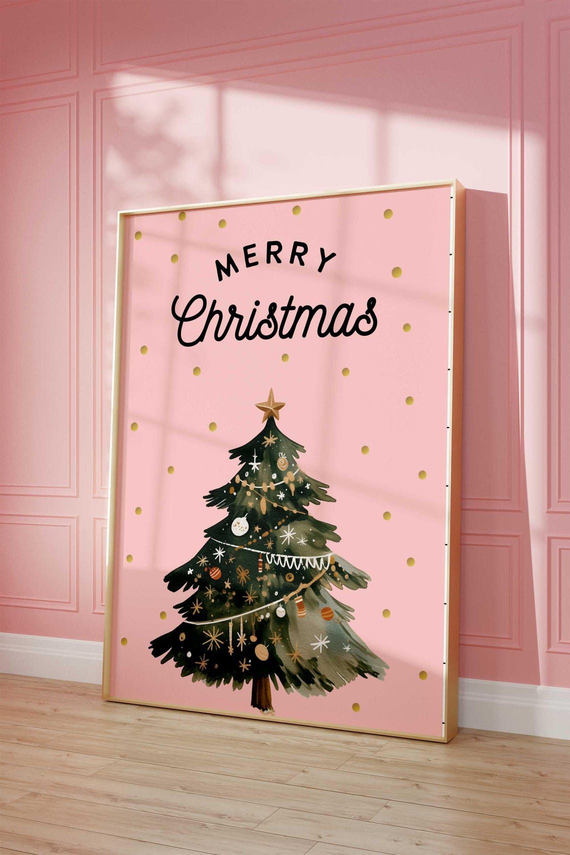 Playful Black Merry Christmas Script Pink Watercolor Tree Poster - Image 3