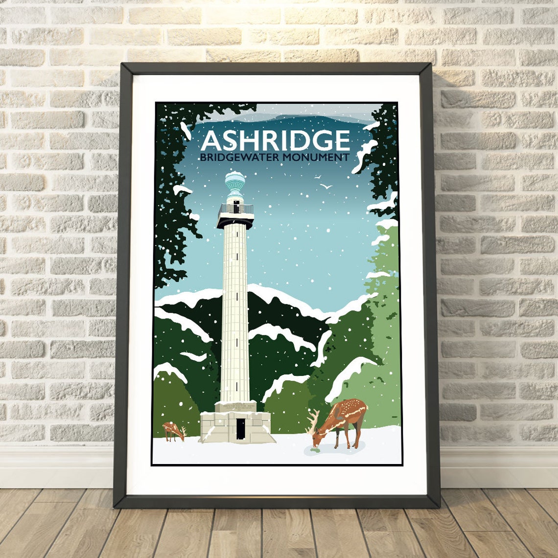 Ashridge Bridgewater Monument Snowy Winter Deer Travel Poster