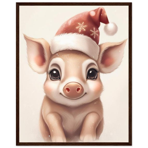 Christmas Baby Pig Poster With Frame Cute Christmas Pig Print Nursery Wall Art Holiday Decor Baby Animal Art