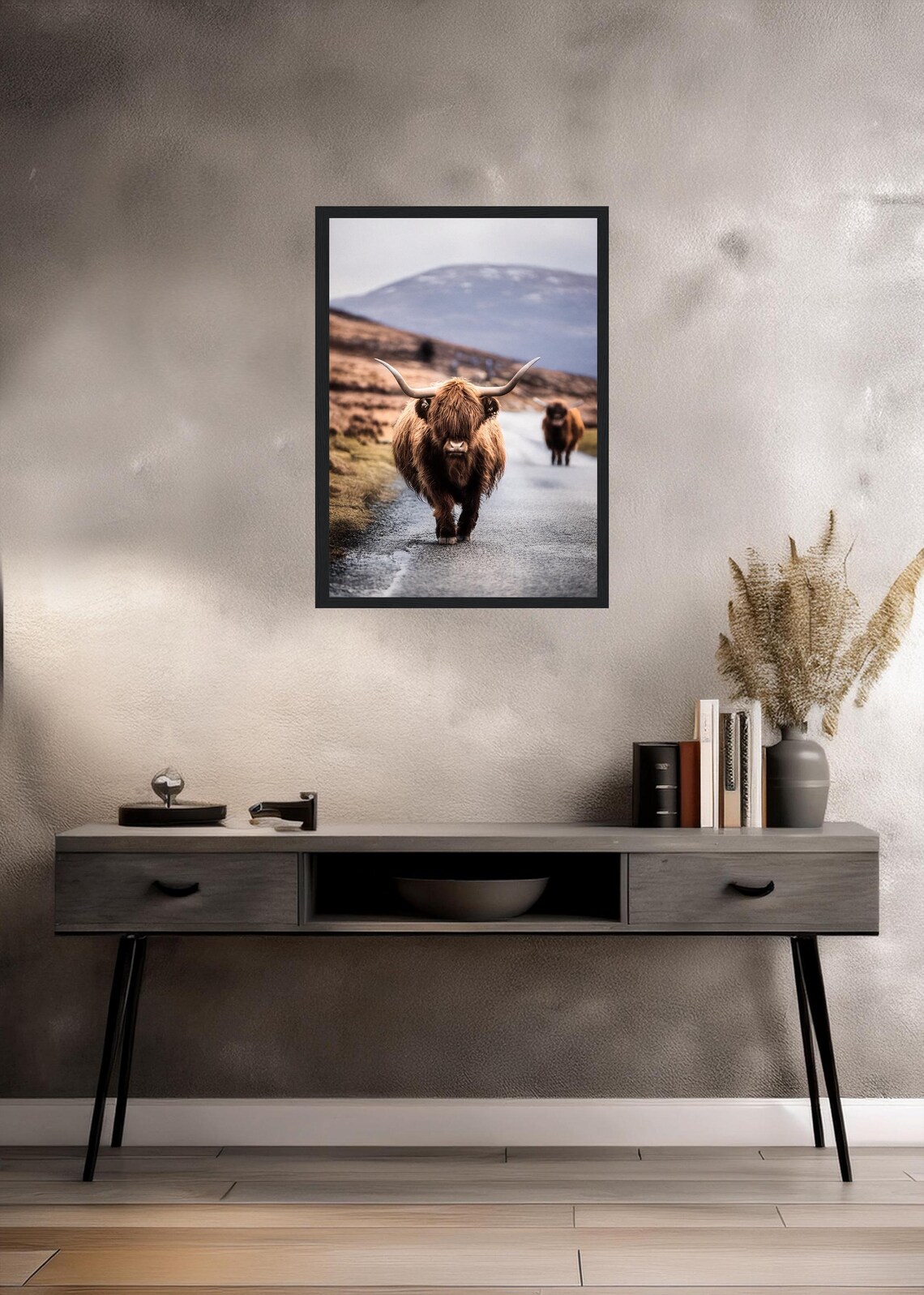 Highland Cow on Scottish Highland Road Wildlife Photography Poster - Image 3