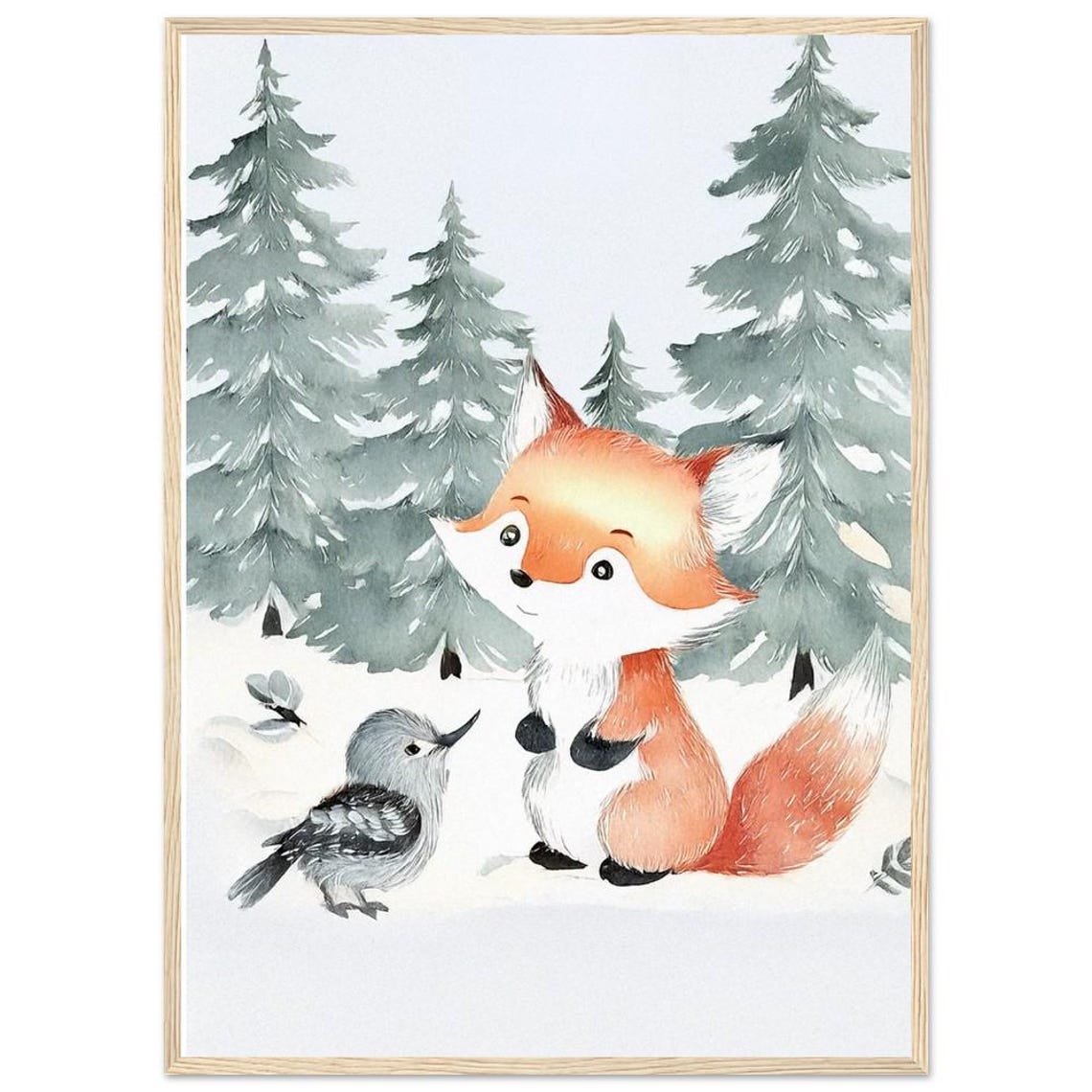 Cute Winter Fox Cub With Bird Snowy Forest Watercolor Art Poster - Image 2