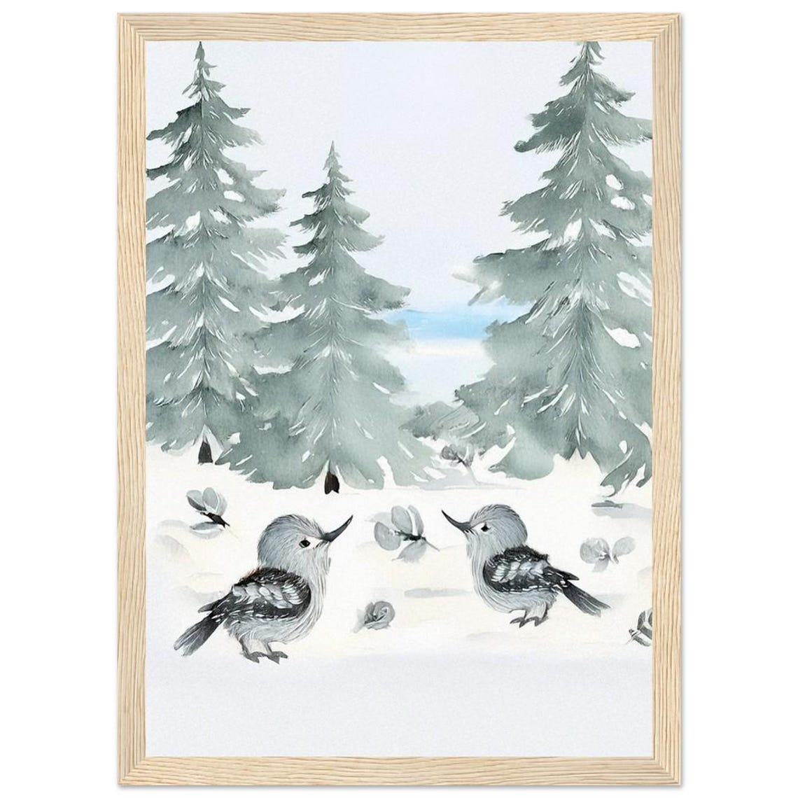 Two Winter Songbirds in Snowy Forest Watercolor Nursery Poster - Image 2