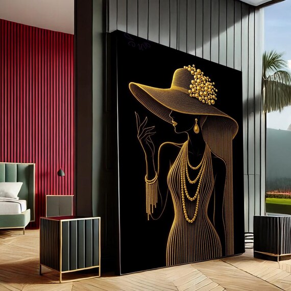 Golden Line Art Elegant Woman Wide Brim Hat Black Canvas Poster