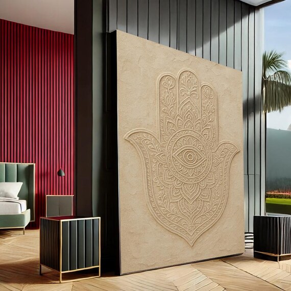 Beige Hamsa Canvas Wall Art Protective Hand Symbol With Eye For Boho Spiritual Decor