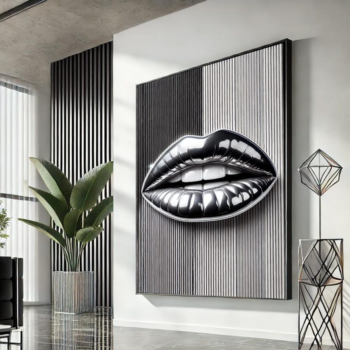 Glossy Black Lips Pinstripe Background Pop Art Fashion Wall Art
