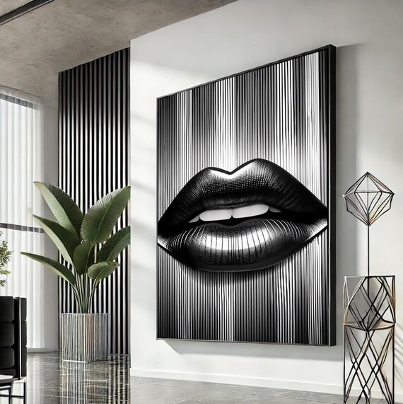 Glossy Black Lips Chrome Finish Bold Modern Pop Art Deco Poster