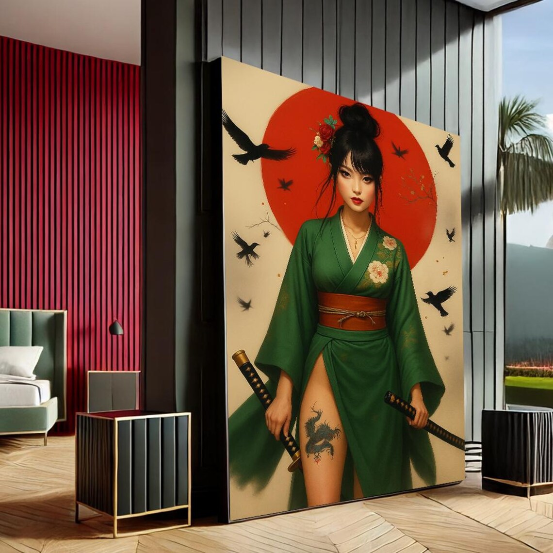 Samurai Woman Green Kimono Red Sun Japanese Modern Canvas Statement Print