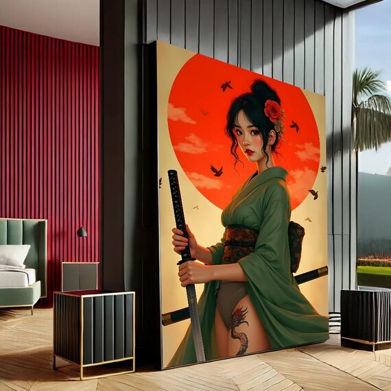 Anime Samurai Woman With Katana Standing Before A Blazing Red Sun Print