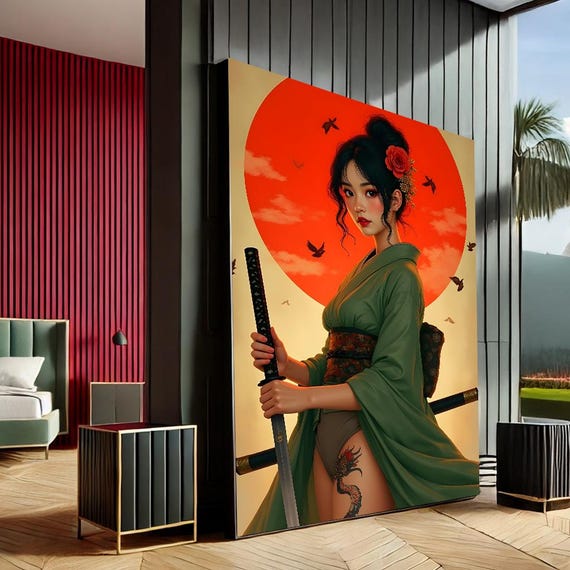 Empowering Samurai Woman Modern Art Canvas Wall Print Red Green Living Room Decor Statement Piece