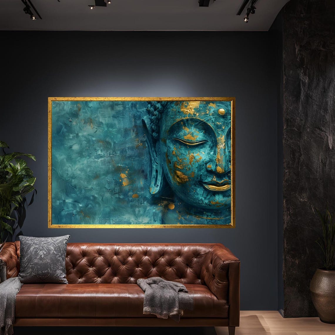 Teal Gold Buddha Face Abstract Luxury Meditation Wall Poster