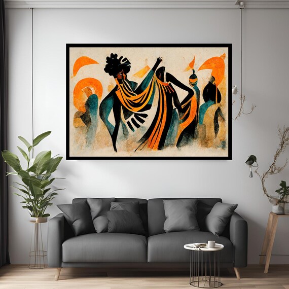 African Dancers Abstract Orange Teal Expressive Movement Wall Art
