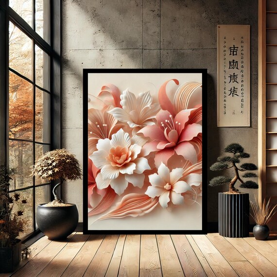 White Coral Blooming Flowers Soft Minimalist Botanical Art Poster