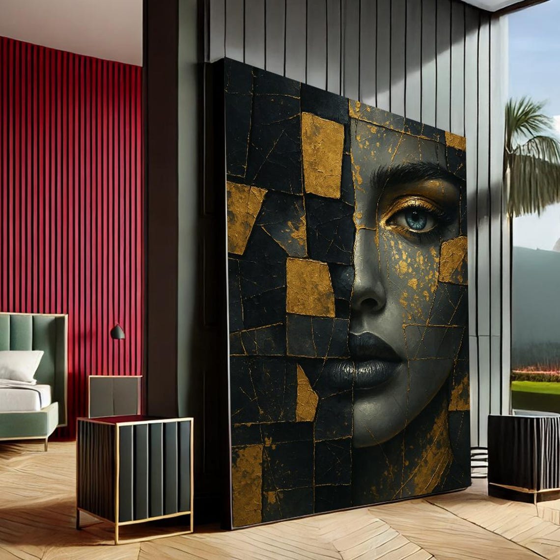 Black Gold Mosaic Fragmented Woman Portrait Abstract Art Poster