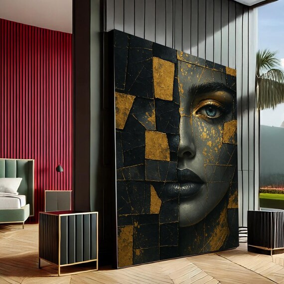 Black Gold Mosaic Fragmented Woman Portrait Abstract Art Poster
