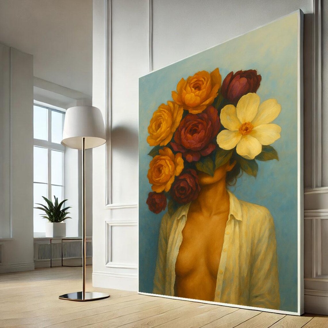 Woman Portrait Vibrant Flower Bouquet Face Bright Floral Art Poster