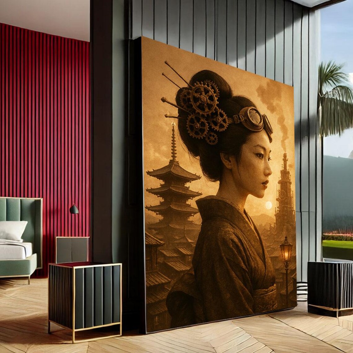 Steampunk Geisha Profile with Gear Hairpins Pagoda Vintage Print