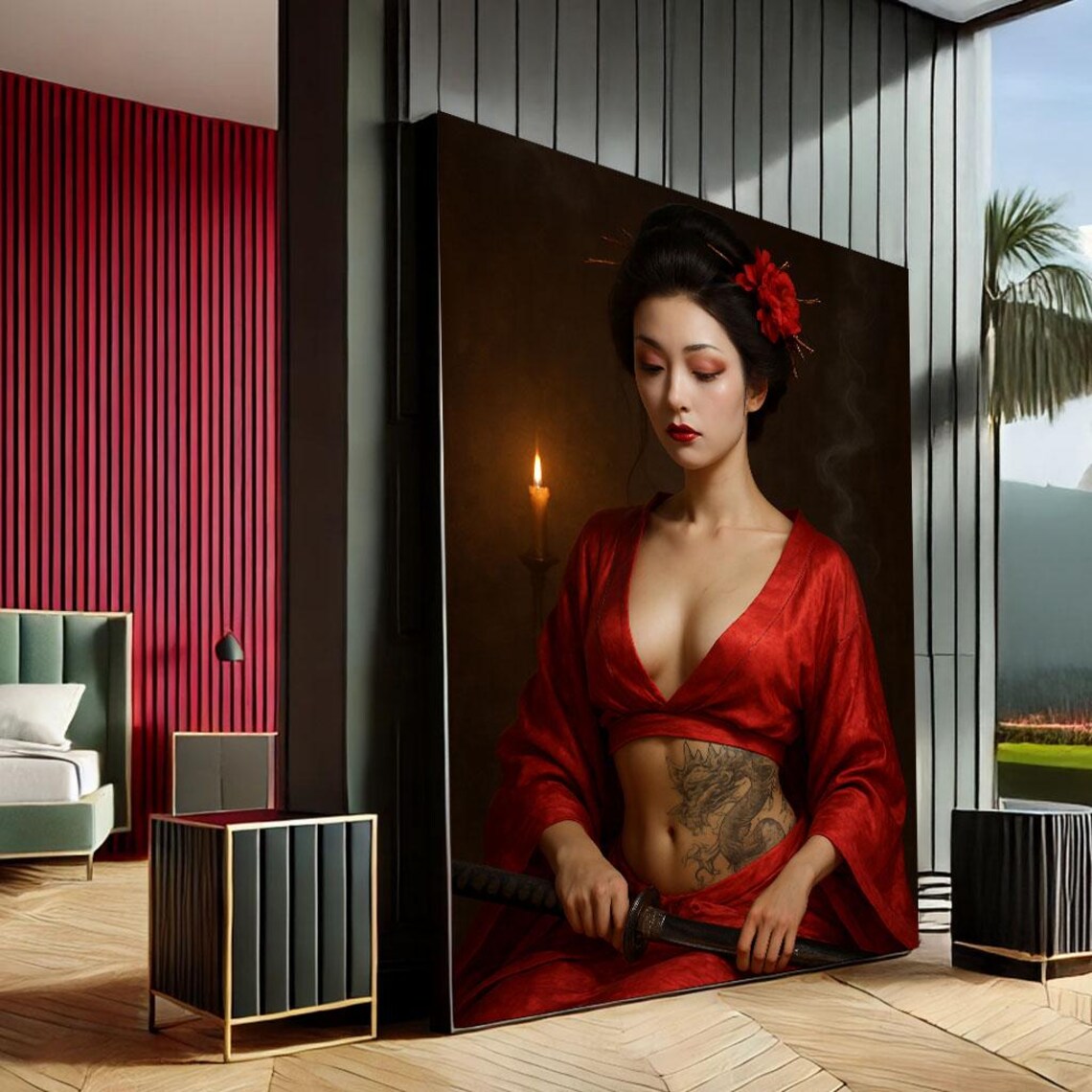Japanese Woman Red Kimono Dragon Tattoo Katana Candle Wall Art