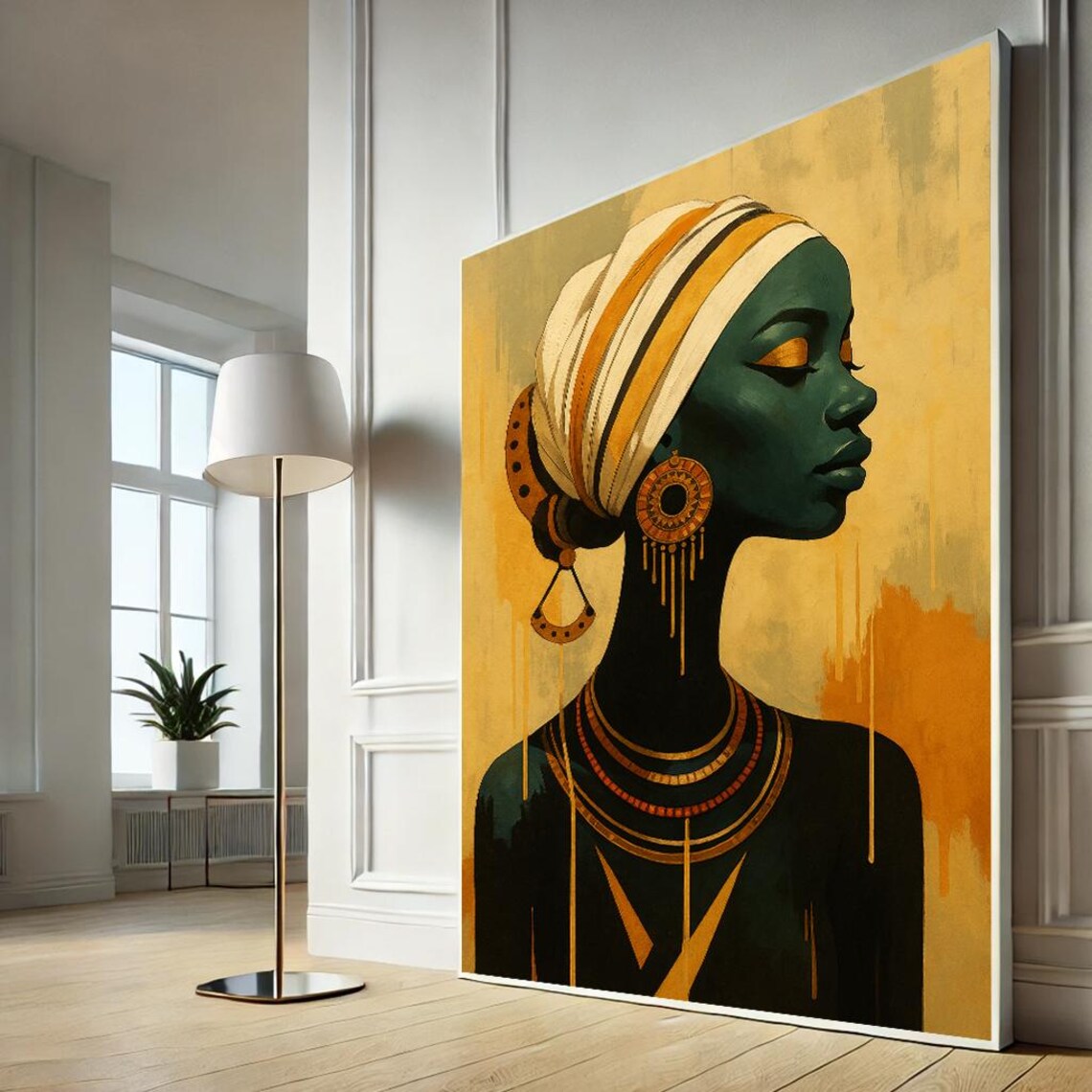 African Woman Striped Headwrap Gold Jewelry Teal Art Portrait Poster