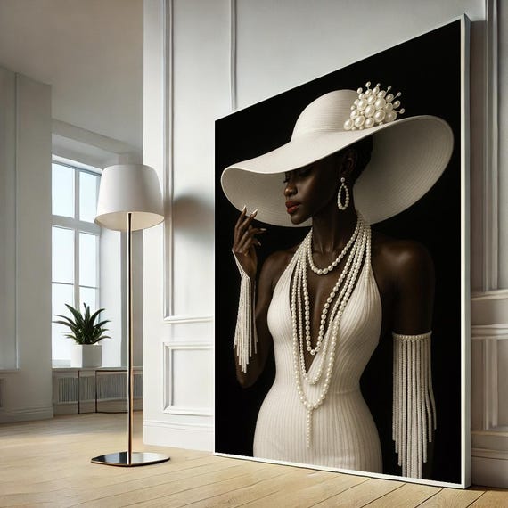 Sophisticated Fashion Woman Canvas Elegant Pearl Adorned Portrait Art For Living Room Modern Black And White Home Decor