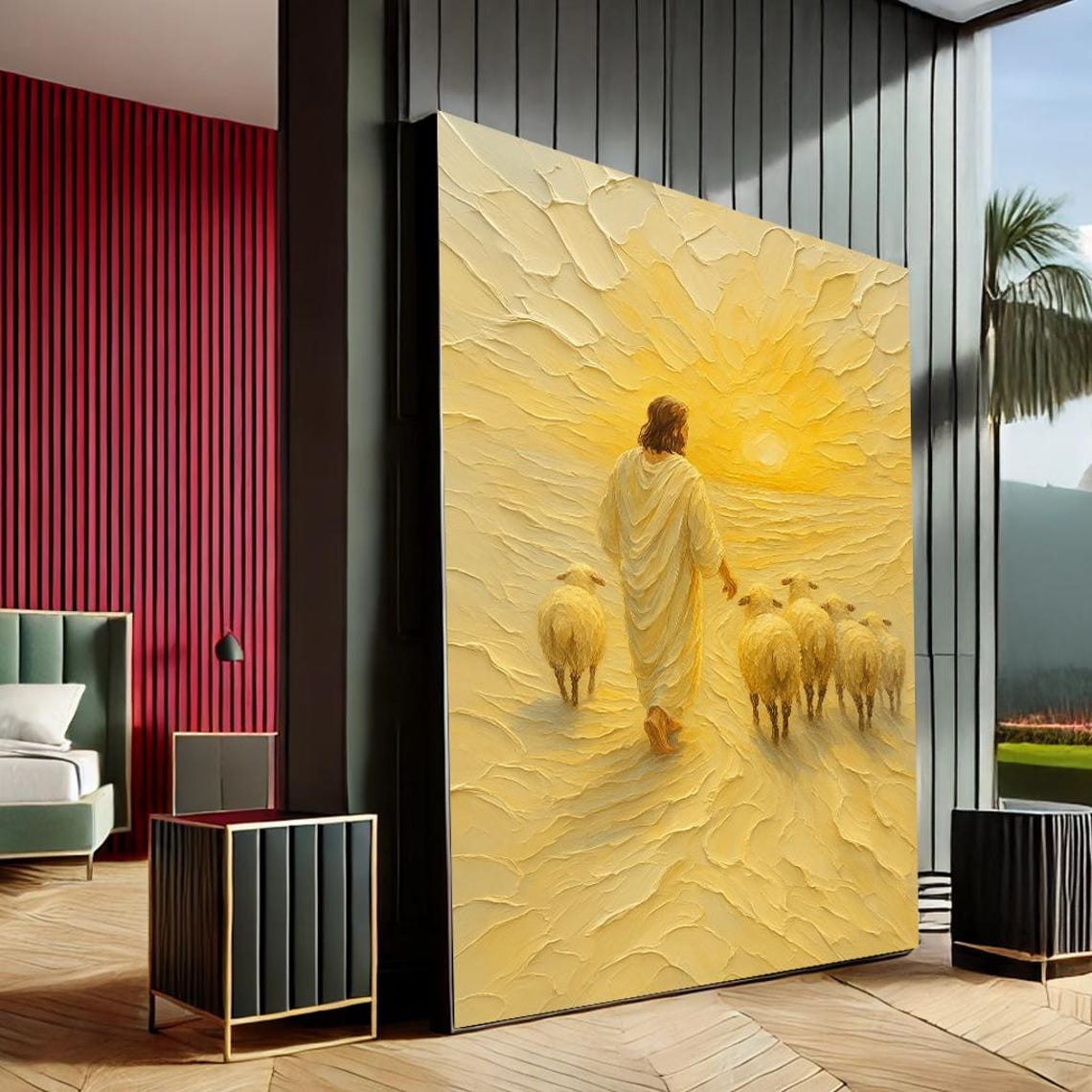 Good Shepherd Leading Sheep Golden Field Textured Religious Art Poster