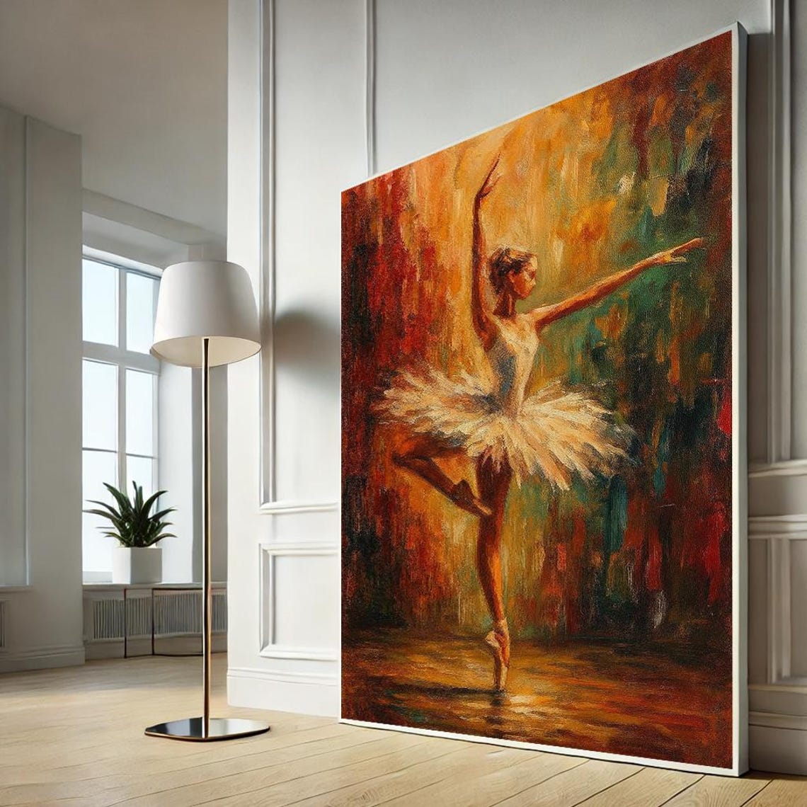 Golden Ballerina Oil Painting Warm Stage Dance Portrait Wall Art