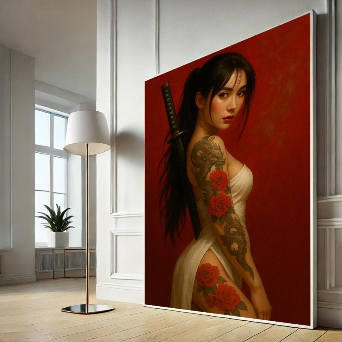 Tattooed Geisha Warrior Katana Red Roses Japanese Art Poster