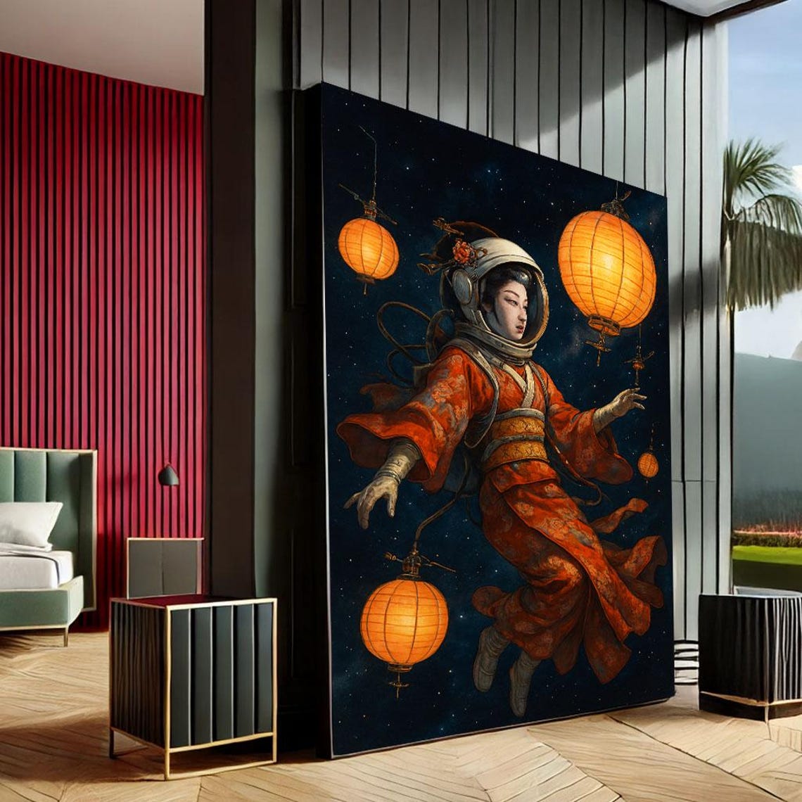 Ethereal Astronaut Geisha Canvas Wall Art Print Vibrant Living Room Decor Statement Piece