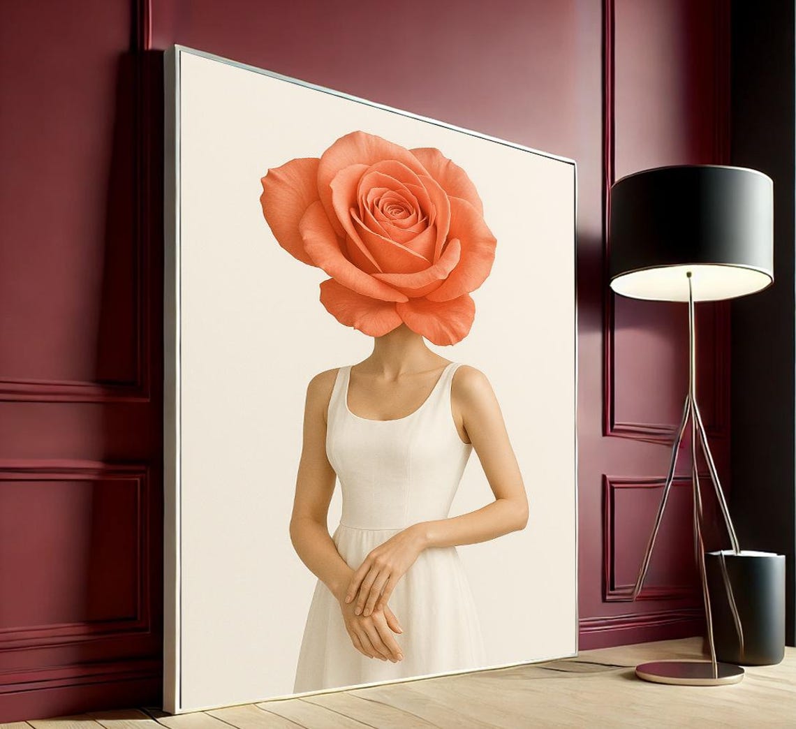 Surreal Rose Flower Head Woman Minimalist Feminine Art Poster
