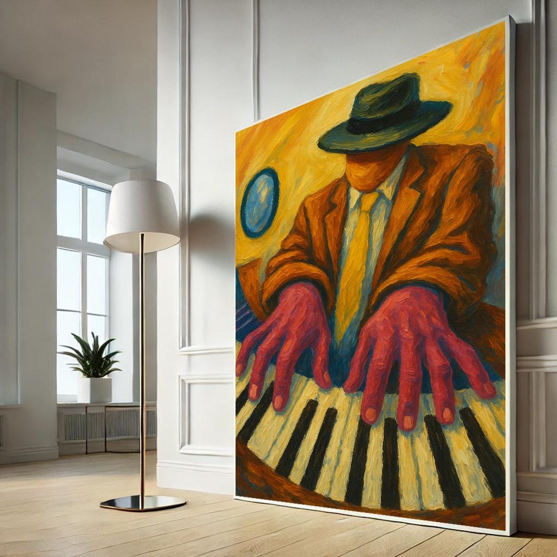 Jazz Pianist Expressionist Painting Orange Fedora Art Poster