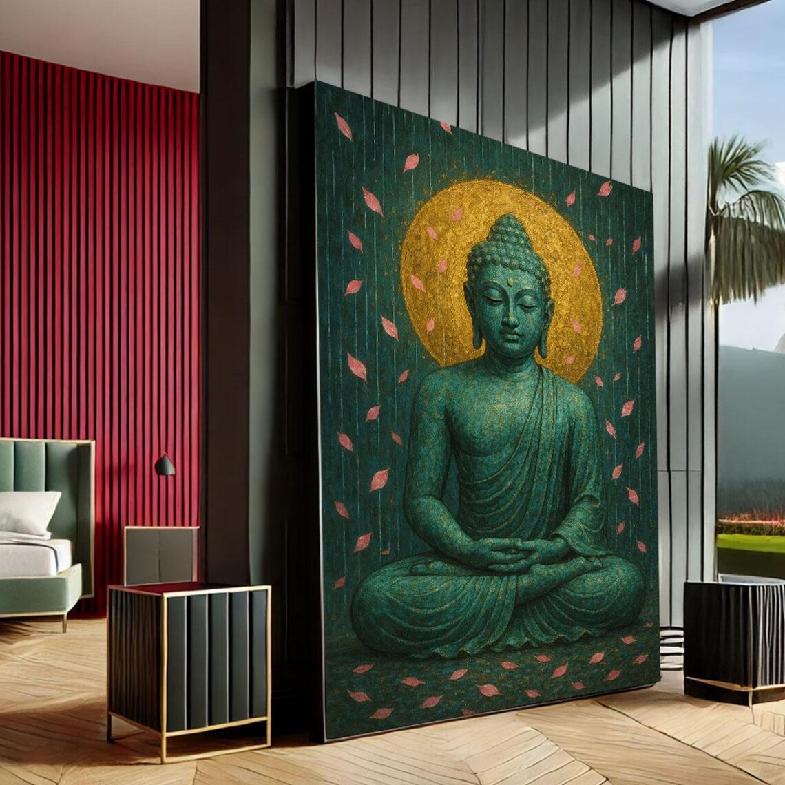 Jade Buddha with Gold Halo Falling Petals Meditation Poster Zen Decor Art