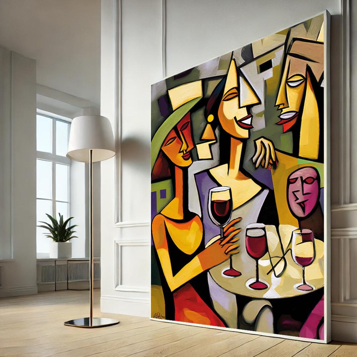 Cubist Women Wine Cafe Scene Modern Abstract Colorful Art Wall Decor Print