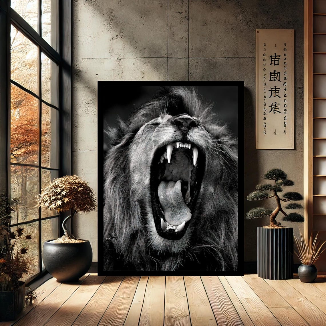 Roaring Lion Wide Open Mouth Dramatic Black and White Art Poster